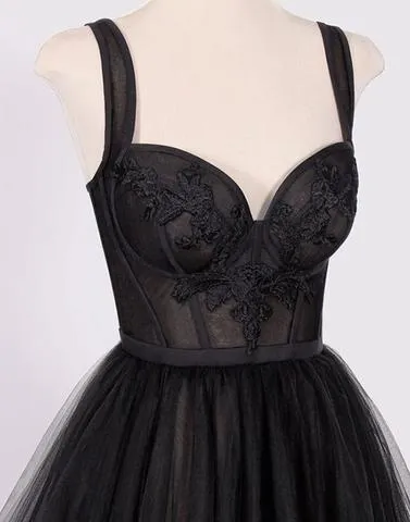 Strap Black Appliques A-line Tulle Prom Dresses, Affordable Evening Dresses, BG0354