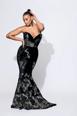 Strapless Sweetheart Embellished Velvet Gown