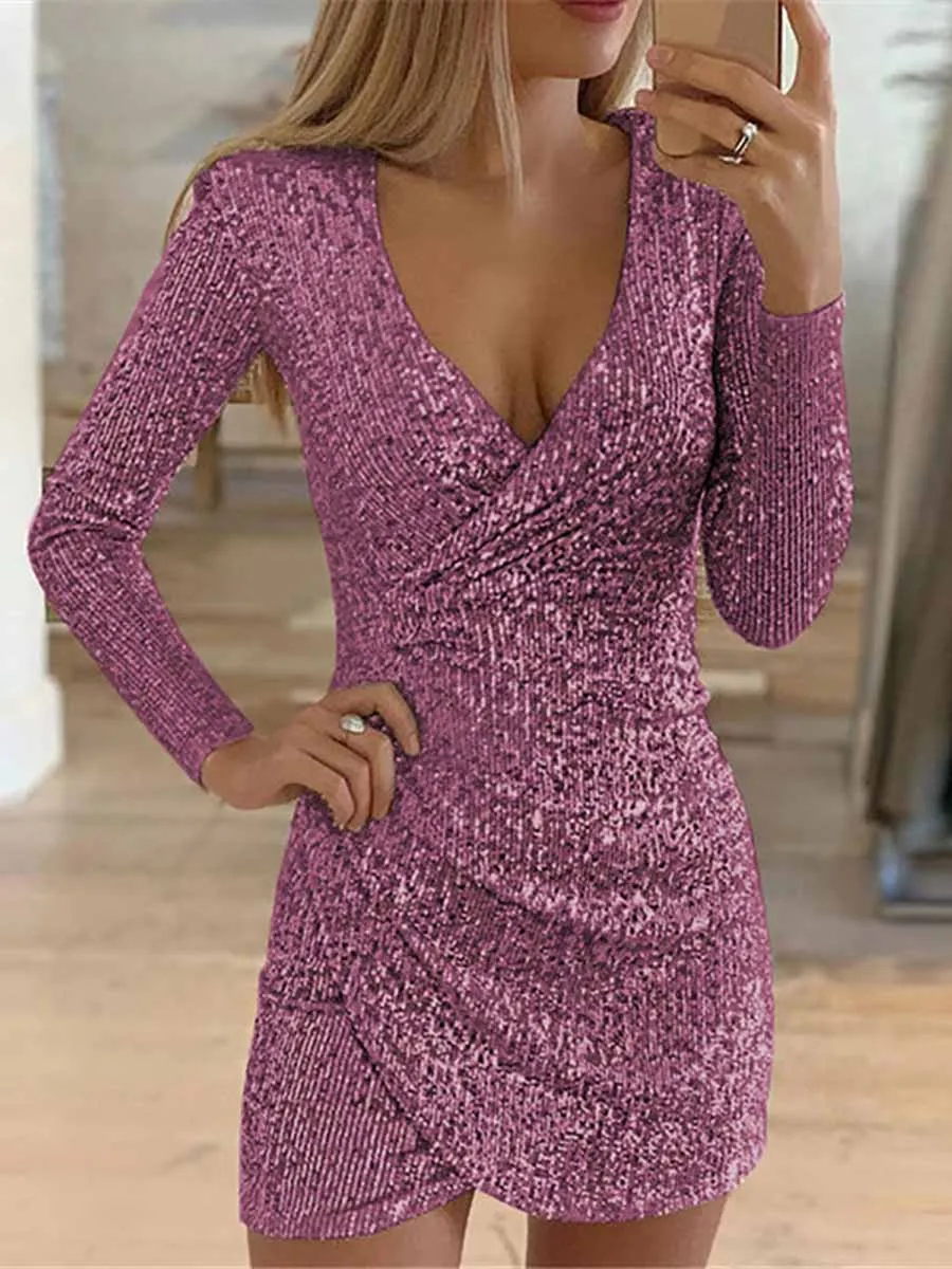 Stunncal V-Neck Irregular Sequin Party Dress(9 colors)