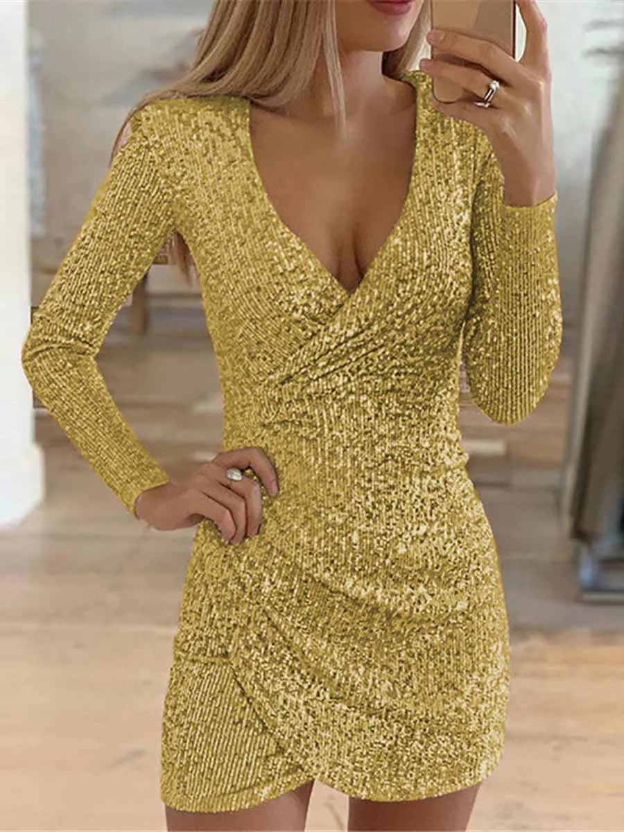 Stunncal V-Neck Irregular Sequin Party Dress(9 colors)