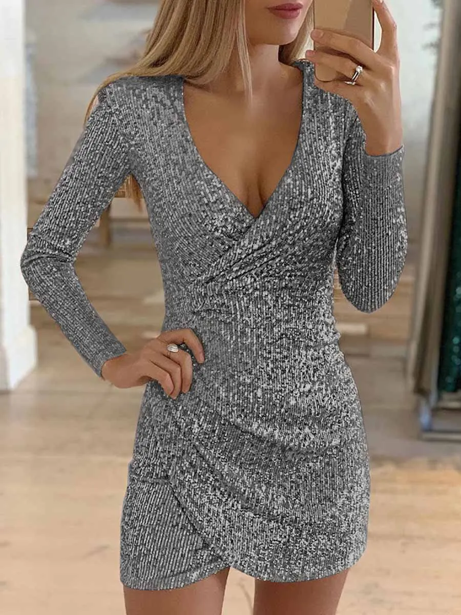 Stunncal V-Neck Irregular Sequin Party Dress(9 colors)