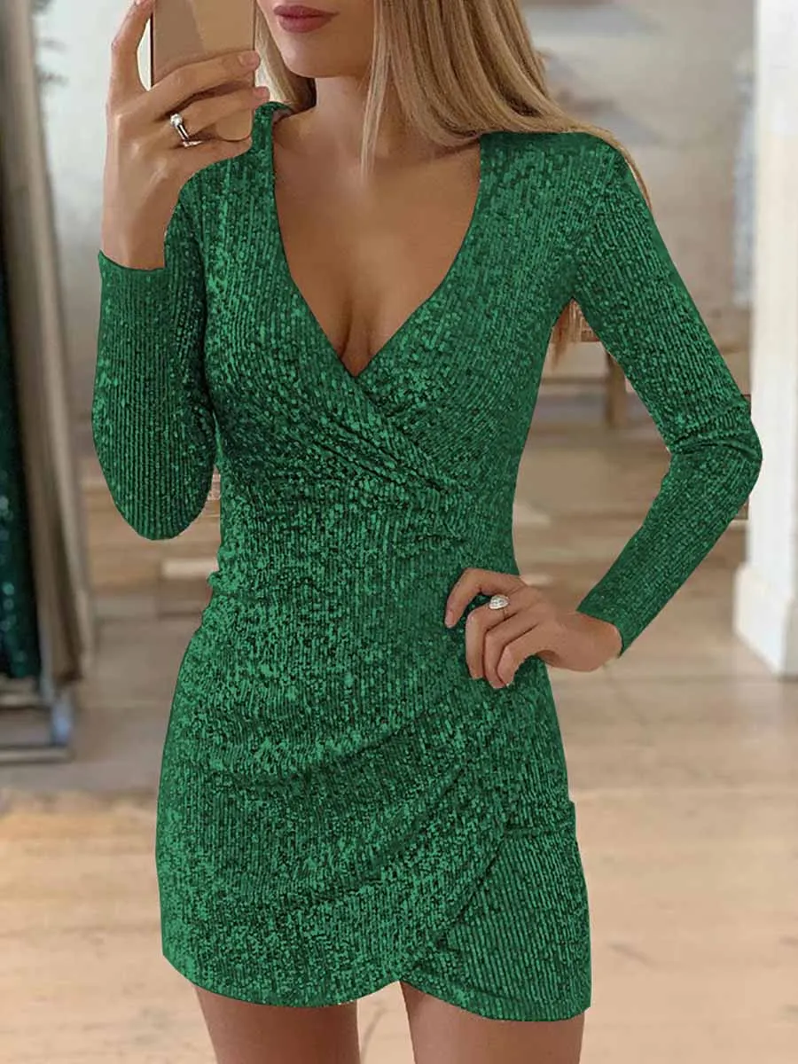 Stunncal V-Neck Irregular Sequin Party Dress(9 colors)