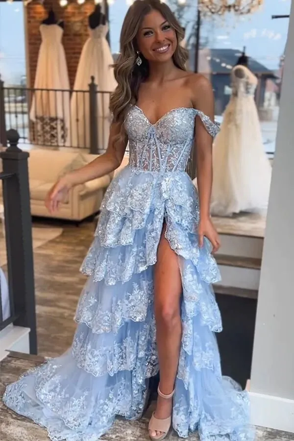 Stunning Blue Princess Tiered Long Prom Dresses With Lace Ruffles, MP921