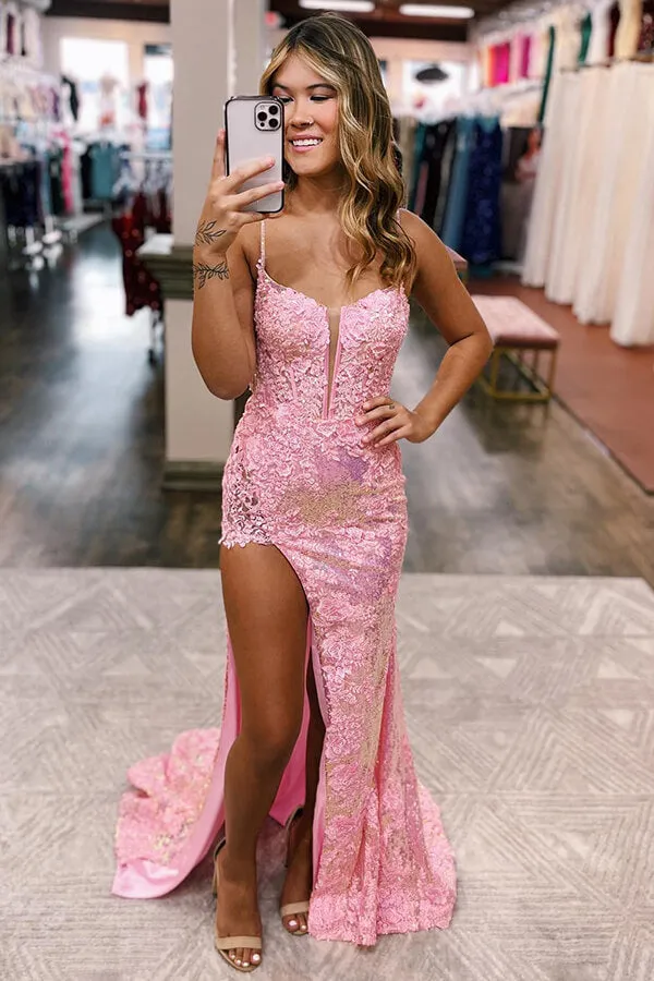 Stunning Tulle Mermaid Spaghetti Straps Lace Appliques Prom Dresses, SLP041