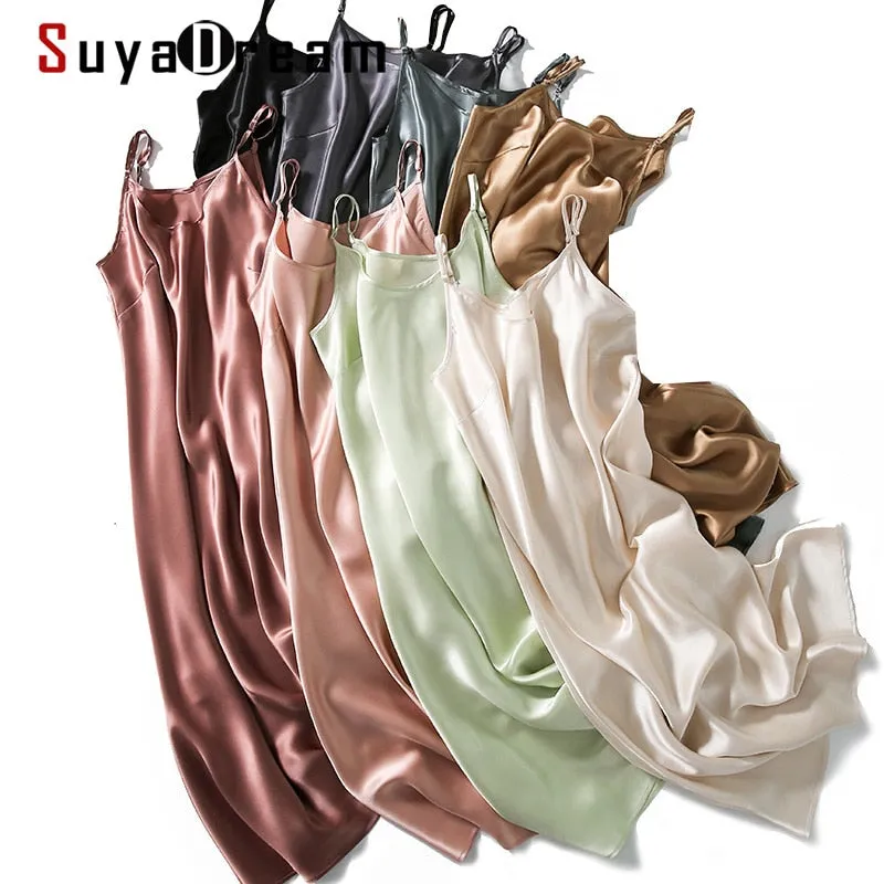 SuyaDream Frauen Seide Sleepdress 100% ECHT Silk Satin Spaghetti Strap Lange Nachthemden 2020 Sommer Neue Hause Kleider