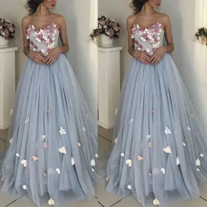 sweetheart neck prom dresses long floral 3d flowers dusty blue elegant a line prom gowns