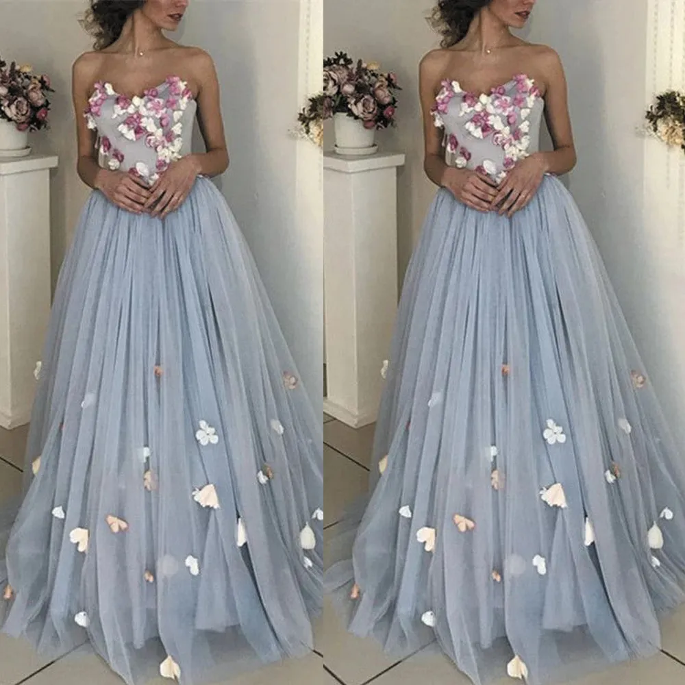 sweetheart neck prom dresses long floral 3d flowers dusty blue elegant a line prom gowns