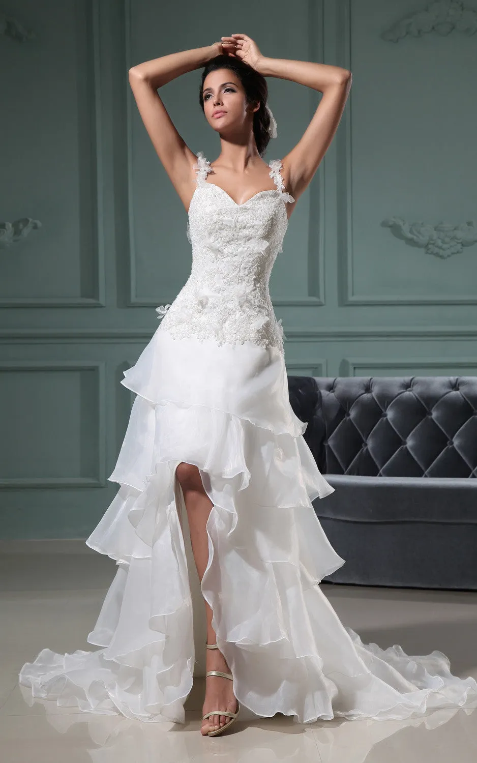 Sweetheart Sleeveless Slited Gown With Spaghetti Straps And Ruffles-GC_705049