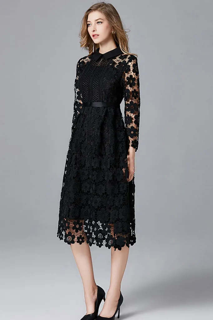 THREE QUARTER SLEEVE HOLLOW OUT LACE DRESS - Black XXL in Clearance (Austin)