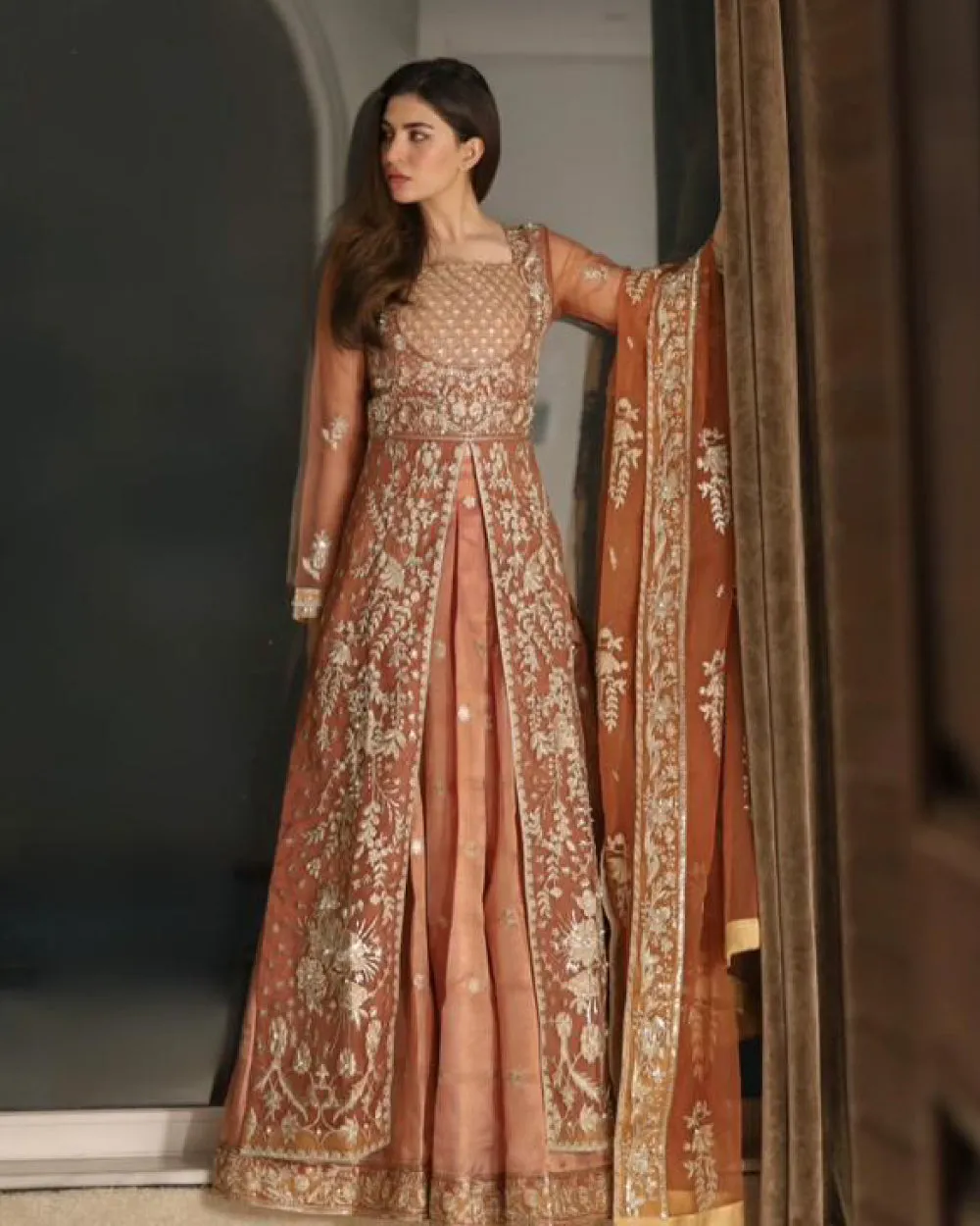 Traditional Caramel Embroidered Pishwas Pakistani Wedding Dress