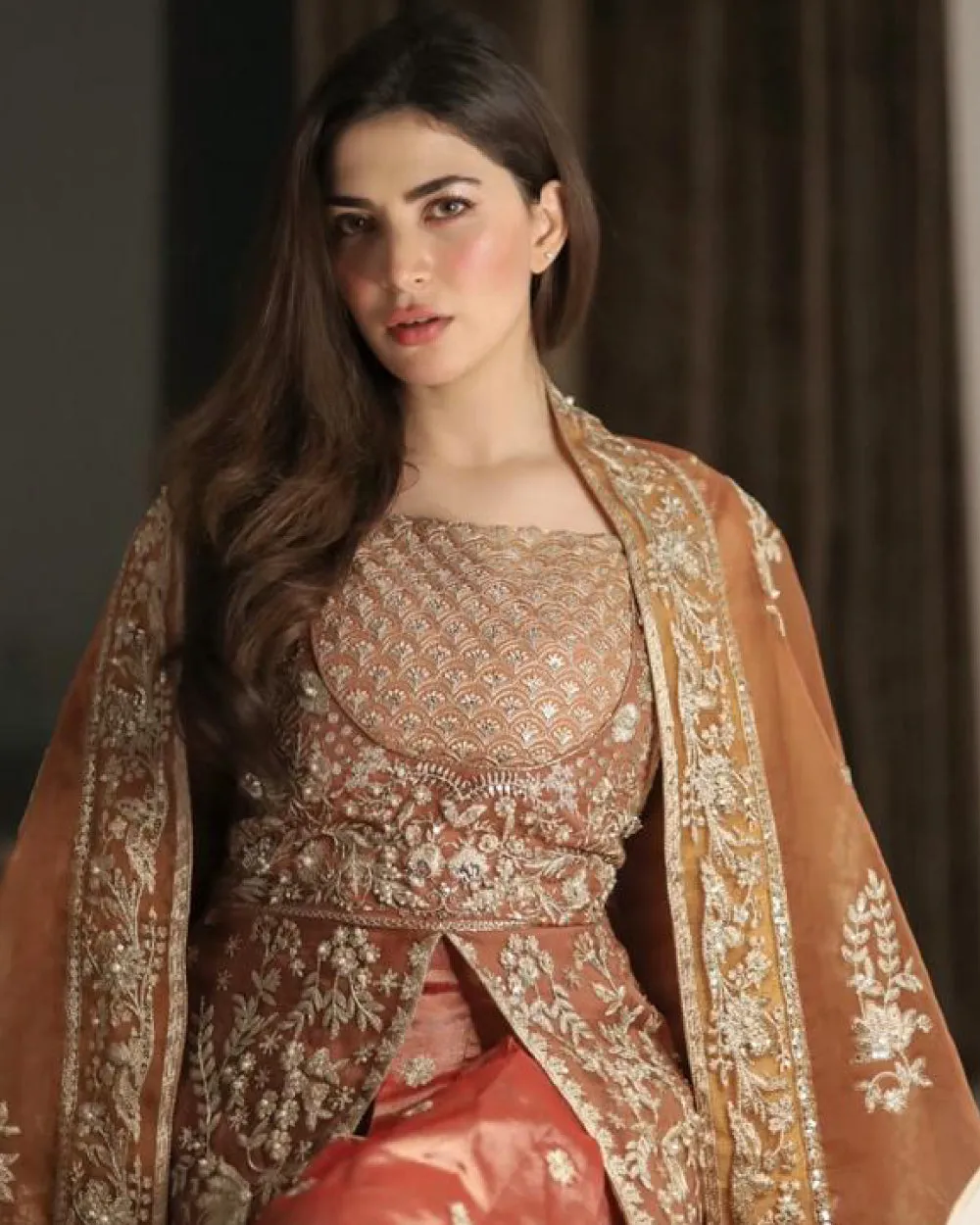 Traditional Caramel Embroidered Pishwas Pakistani Wedding Dress