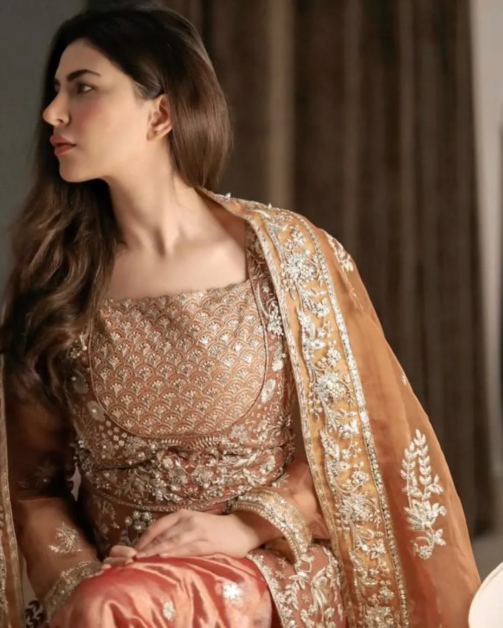 Traditional Caramel Embroidered Pishwas Pakistani Wedding Dress