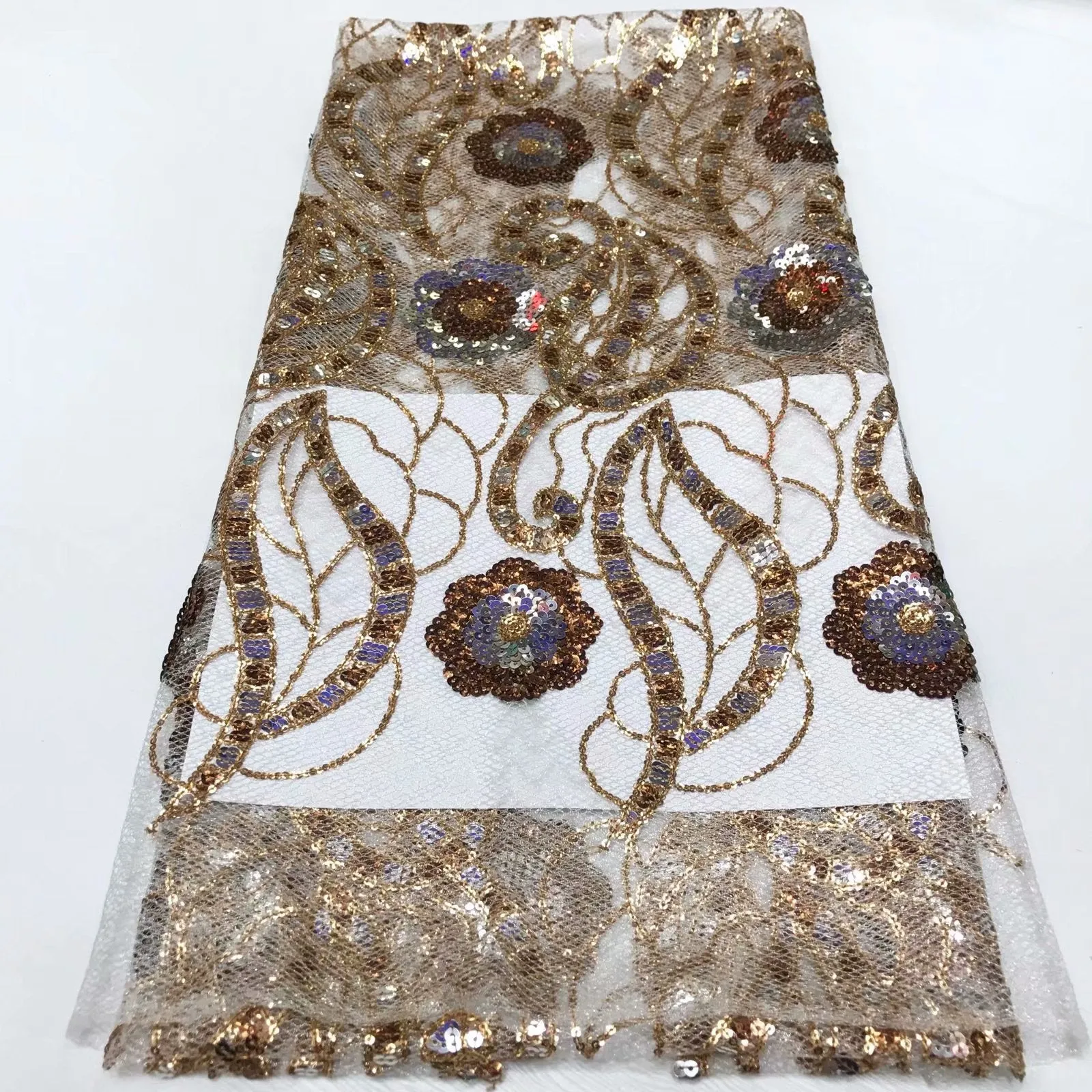 Transparent Siphon Net with Golden Embroidery Designed English Silk Cord Laces