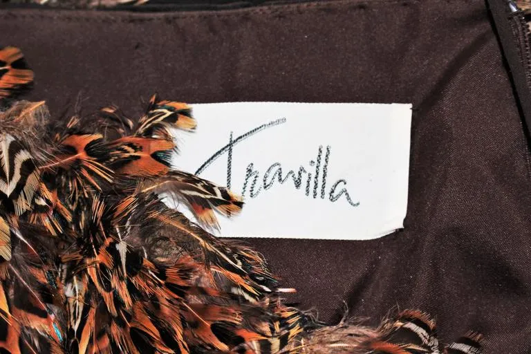 TRAVILLA Draped Brown Silk Chiffon Gown with Feather Applique Size 8