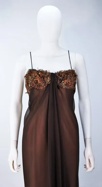 TRAVILLA Draped Brown Silk Chiffon Gown with Feather Applique Size 8
