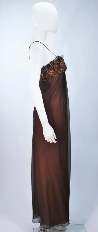TRAVILLA Draped Brown Silk Chiffon Gown with Feather Applique Size 8