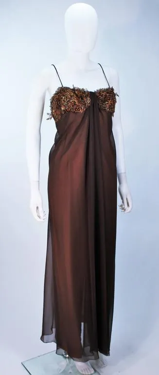 TRAVILLA Draped Brown Silk Chiffon Gown with Feather Applique Size 8