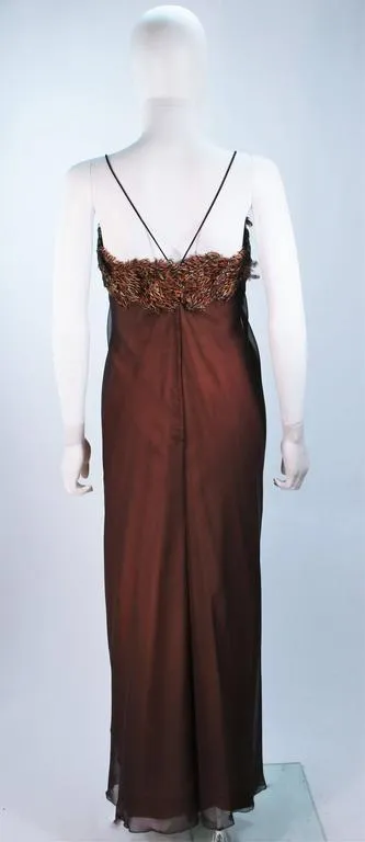 TRAVILLA Draped Brown Silk Chiffon Gown with Feather Applique Size 8