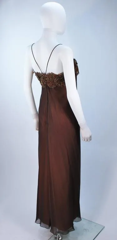 TRAVILLA Draped Brown Silk Chiffon Gown with Feather Applique Size 8