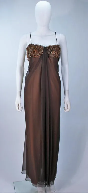 TRAVILLA Draped Brown Silk Chiffon Gown with Feather Applique Size 8