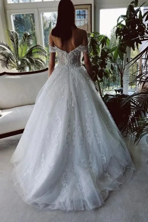 Tulle A-line Off-the-Shoulder Beaded Wedding Dresses With Lace Appliques, MW780
