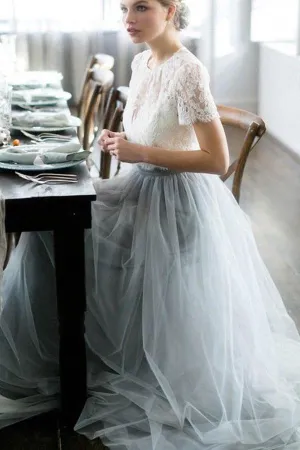 Tulle A-line Two Piece Short Sleeves Wedding Dress With Sweep Train, MW540