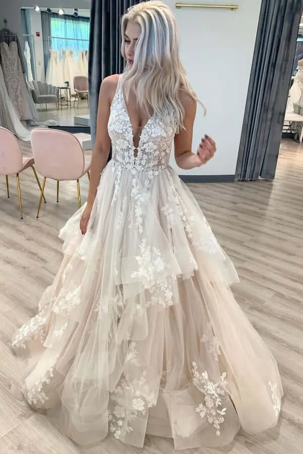 Tulle A-line V-neckline Lace Appliques Floor Length Wedding Dresses, MW832
