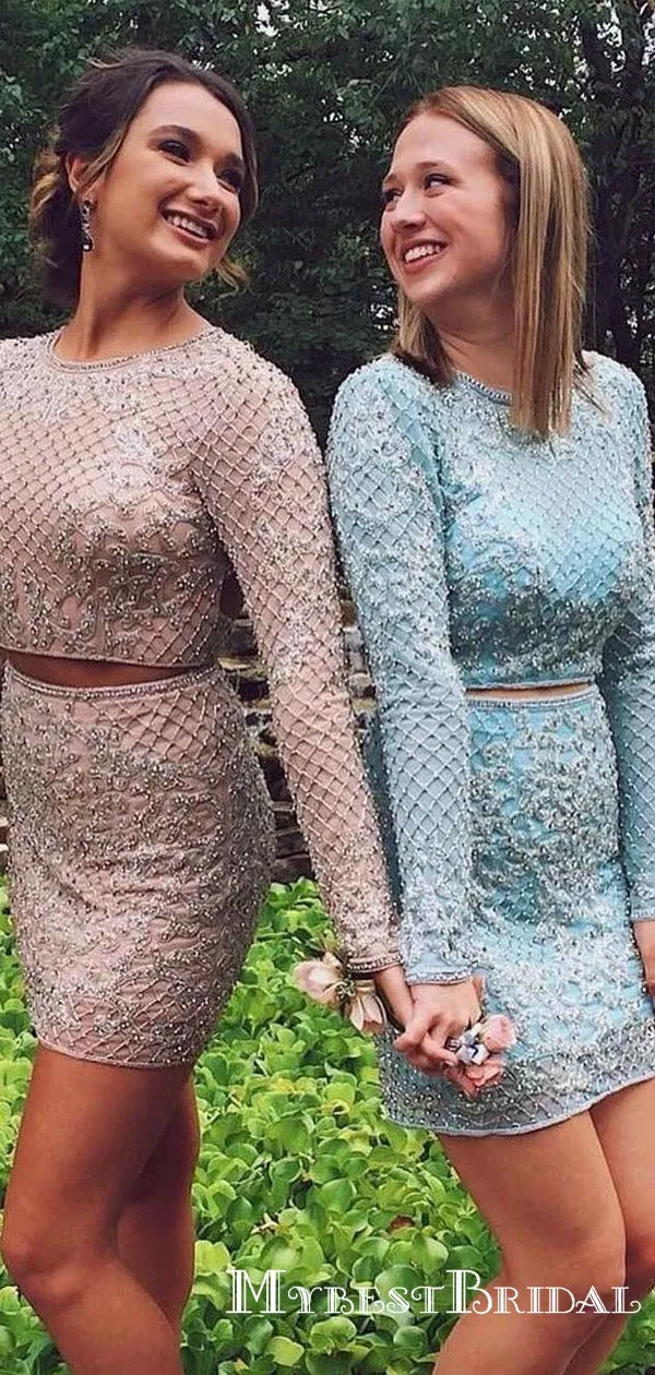 Two Piece Backless Beaded Dusty Pink Homecoming Dresses with Long Sleeves, TYP0044