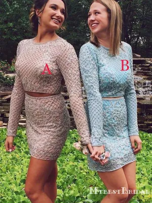 Two Piece Backless Beaded Dusty Pink Homecoming Dresses with Long Sleeves, TYP0044