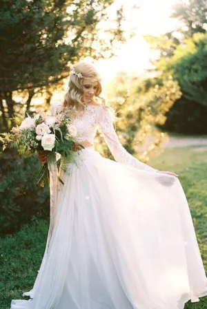 Two Piece Long Sleeve Top Lace Beach Wedding Dresses Bridal Dresses, SW386