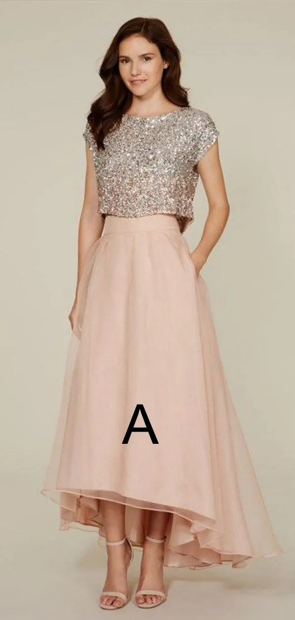 Two Pieces Cap Sleeve Sequin Top Organza Long Bridesmaid Dresses, BG51362