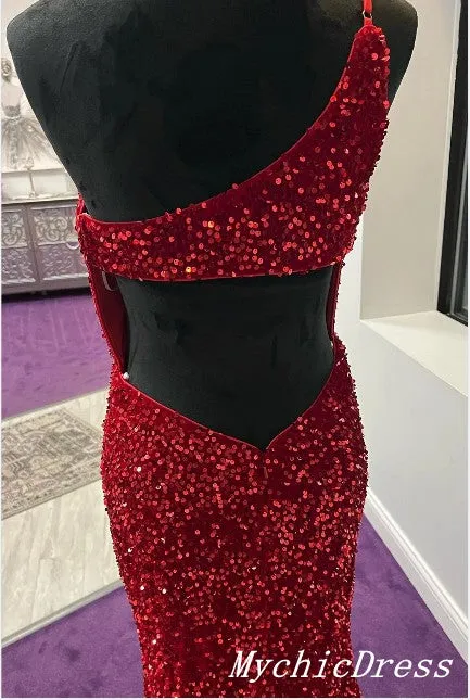 UK Burgundy Prom Dresses Sequin Long One Shoulder Wedding Guest Dress