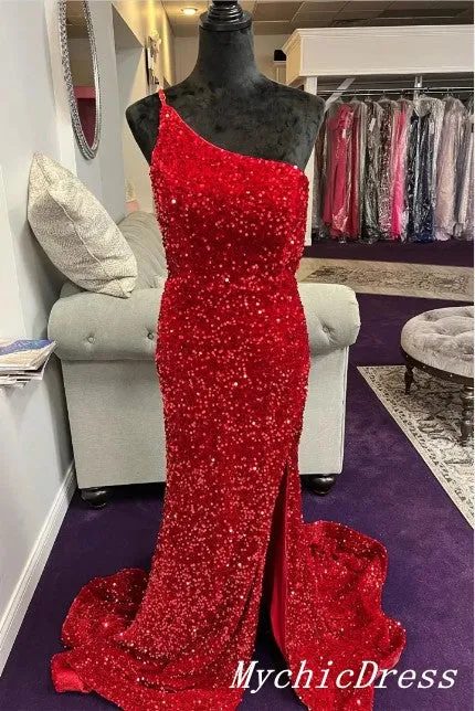 UK Burgundy Prom Dresses Sequin Long One Shoulder Wedding Guest Dress
