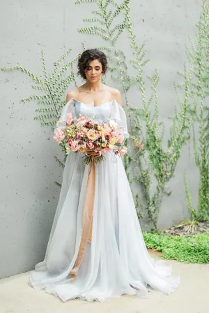 Unique Grey Chiffon A-line Off Shoulder Wedding Dress, Wedding Gown, MW712
