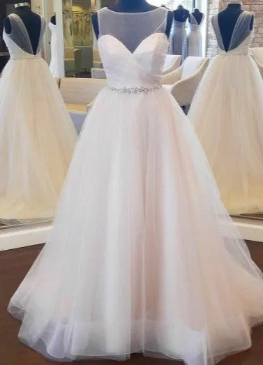 V-back Tulle Blush Wedding Dress with Beaded Band