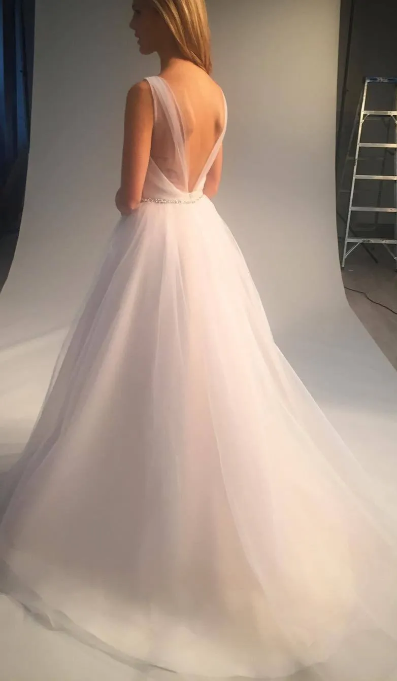 V-back Tulle Blush Wedding Dress with Beaded Band