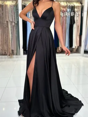 V Neck Backless Black Satin Long Prom Dresses, V Neck Backless Black Satin Long Evening Party Dresses