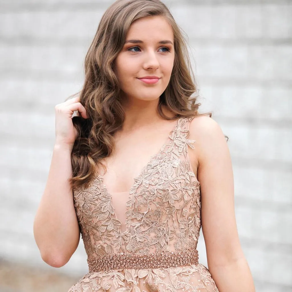V Neck Champagne Lace Appliques Prom Dresses, V Neck Champagne Lace Formal Evening Graduation Dresses