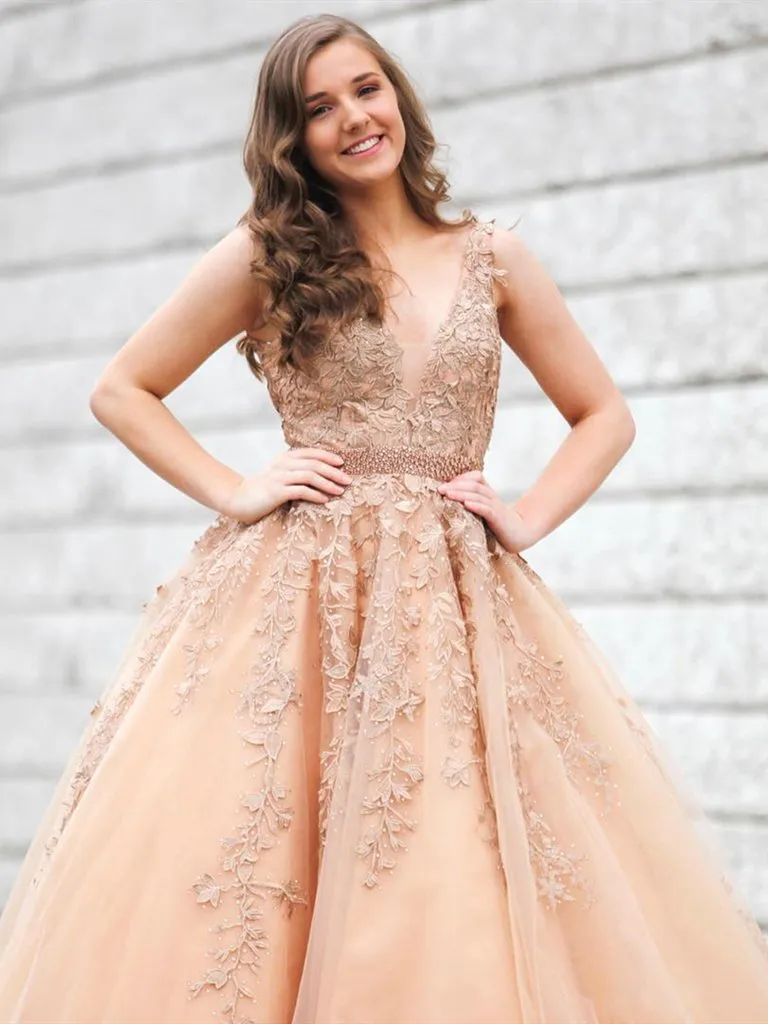V Neck Champagne Lace Appliques Prom Dresses, V Neck Champagne Lace Formal Evening Graduation Dresses