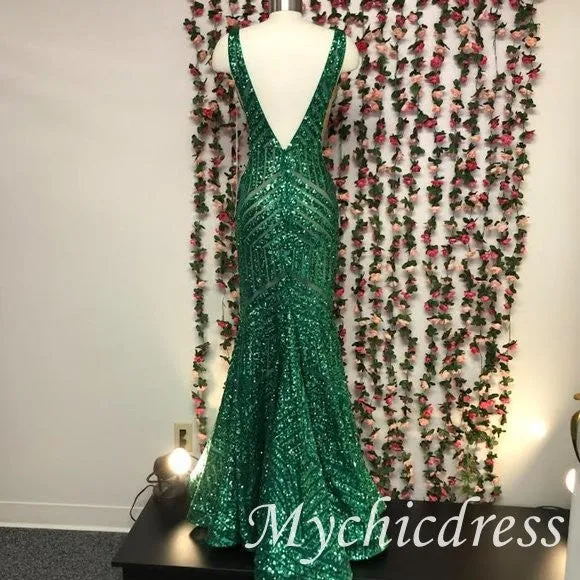 V Neck Emerald Green mermaid Sequin Prom Dresses Long Evening Dress