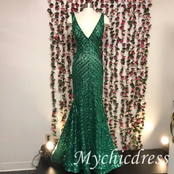 V Neck Emerald Green mermaid Sequin Prom Dresses Long Evening Dress