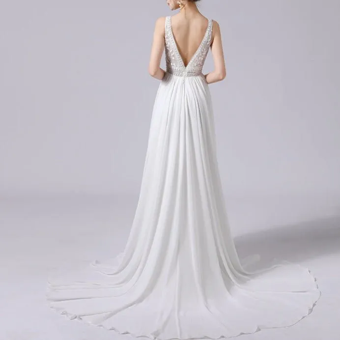 V-Neck Hand Beaded Lace and Satin Wedding Dress