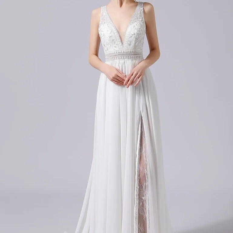 V-Neck Hand Beaded Lace and Satin Wedding Dress