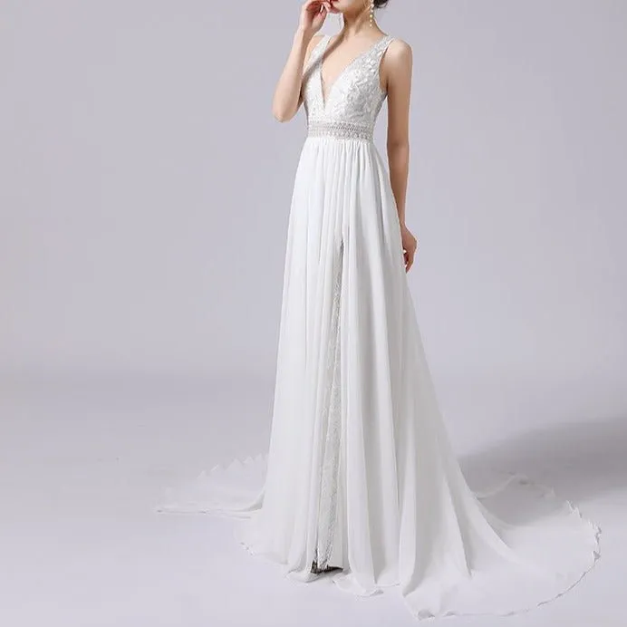 V-Neck Hand Beaded Lace and Satin Wedding Dress