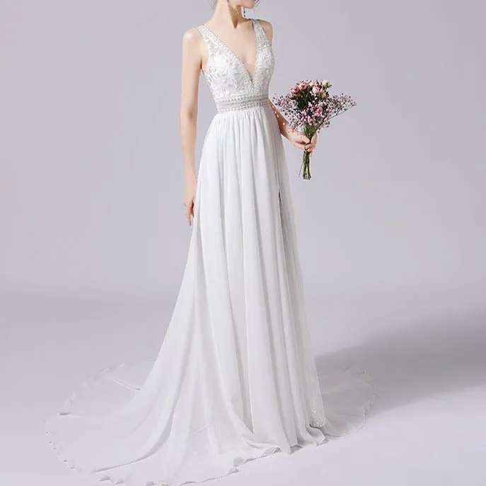 V-Neck Hand Beaded Lace and Satin Wedding Dress