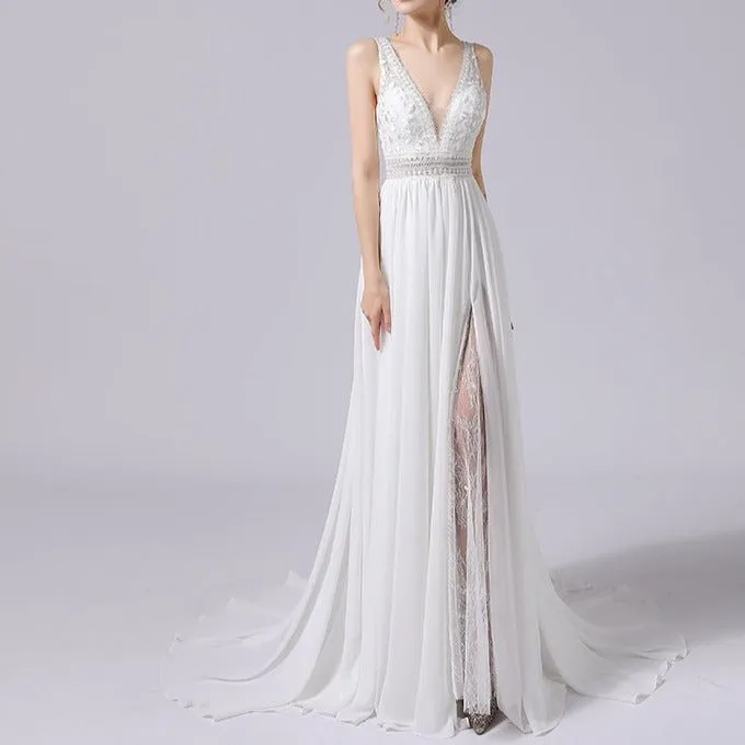 V-Neck Hand Beaded Lace and Satin Wedding Dress
