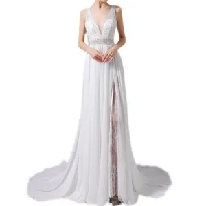 V-Neck Hand Beaded Lace and Satin Wedding Dress
