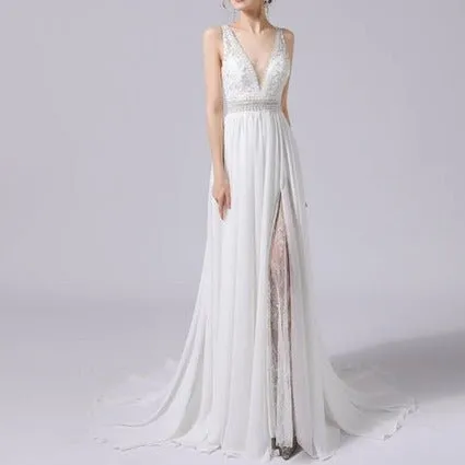 V-Neck Hand Beaded Lace and Satin Wedding Dress