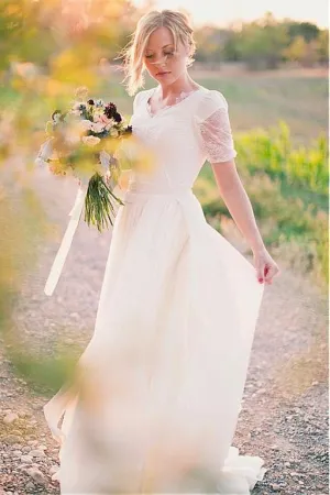 V-neck Lace Chiffon Boho Wedding Dress Short Sleeves