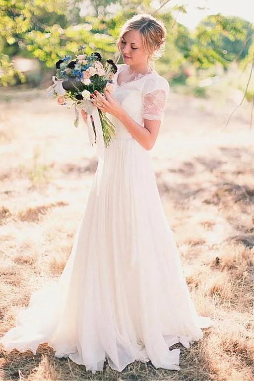 V-neck Lace Chiffon Boho Wedding Dress Short Sleeves